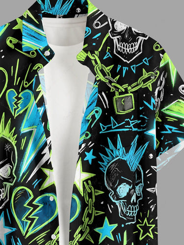 Gothic Plus Size Skull Heart Chain Lightning Print Button Pocket Shirt For Men