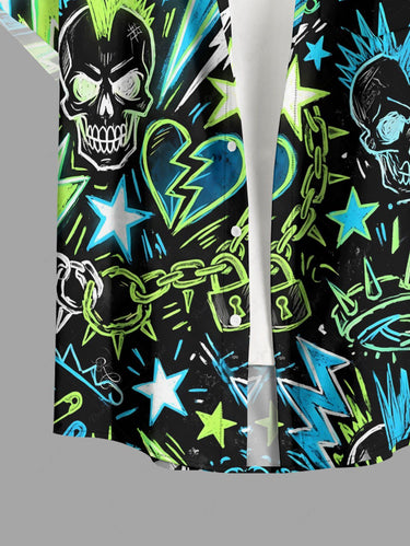 Gothic Plus Size Skull Heart Chain Lightning Print Button Pocket Shirt For Men