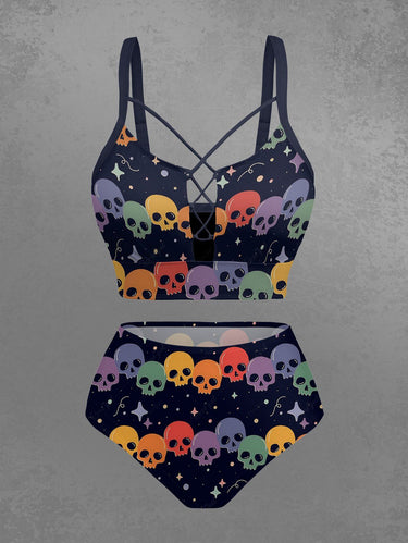 Gothic Skull Star Print Lace Up Tankini Swimsuit (Adjustable Shoulder Strap)