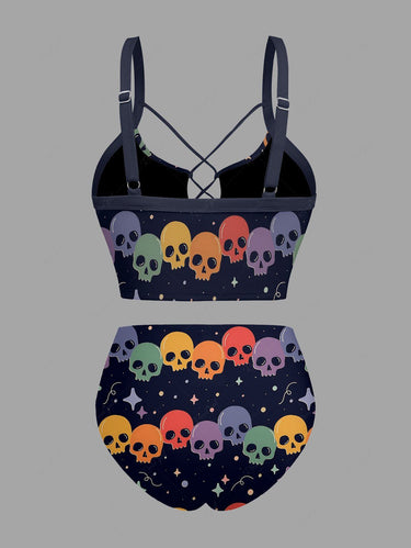 Gothic Skull Star Print Lace Up Tankini Swimsuit (Adjustable Shoulder Strap)