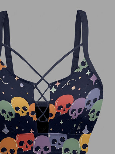 Gothic Skull Star Print Lace Up Tankini Swimsuit (Adjustable Shoulder Strap)