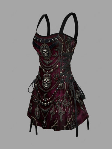 Gothic Skull Crown Moon Layered Chain Print Lace Up A Line Dress – Rgothic