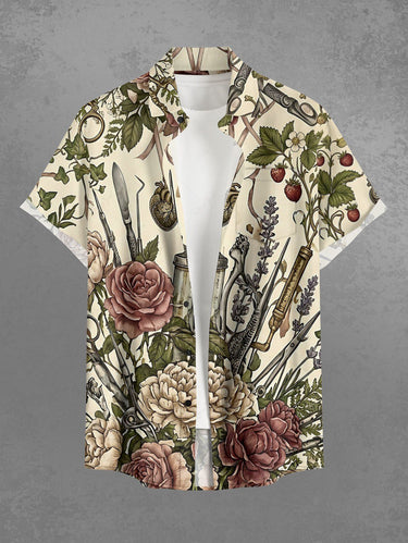 Gothic Plus Size Flower Surgical Instruments Print Button Pocket Shirt For Men