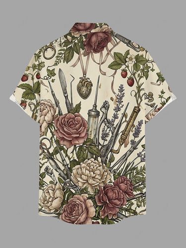 Gothic Plus Size Flower Surgical Instruments Print Button Pocket Shirt For Men