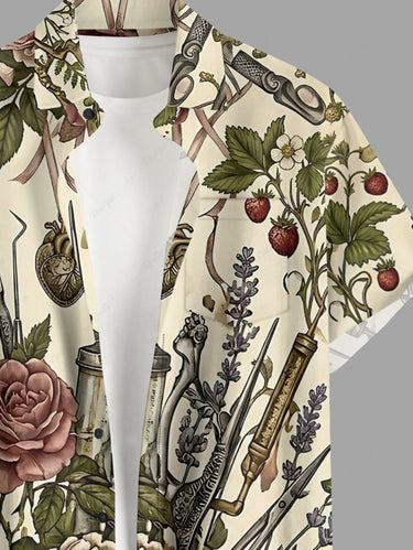 Gothic Plus Size Flower Surgical Instruments Print Button Pocket Shirt For Men