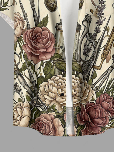 Gothic Plus Size Flower Surgical Instruments Print Button Pocket Shirt For Men
