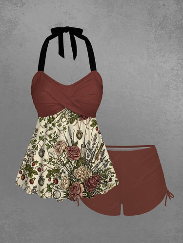Gothic Flower Surgical Instruments Print Twist Halter Cinched Boyleg Tankini Swimsuit