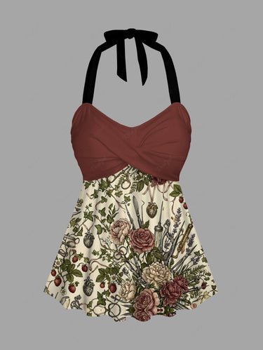 Gothic Flower Surgical Instruments Print Twist Halter Cinched Boyleg Tankini Swimsuit