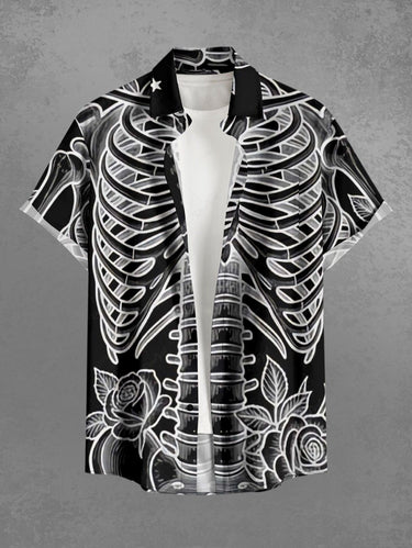 Gothic Plus Size Skeleton Rose Flower Print Button Pocket Shirt For Men
