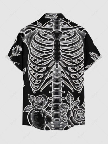 Gothic Plus Size Skeleton Rose Flower Print Button Pocket Shirt For Men