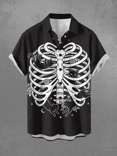 Gothic Plus Size Skeleton Cat Flower Print Button Pocket Shirt For Men