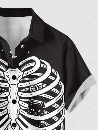 Gothic Plus Size Skeleton Cat Flower Print Button Pocket Shirt For Men