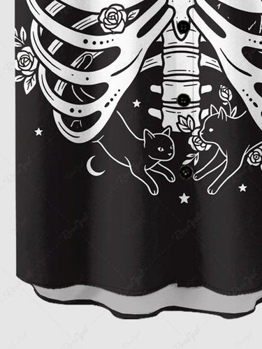 Gothic Plus Size Skeleton Cat Flower Print Button Pocket Shirt For Men