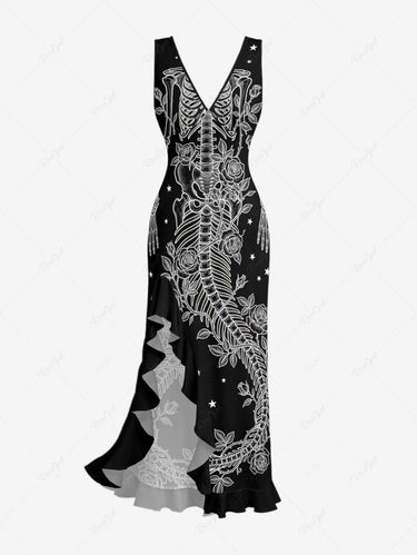 Gothic Skeleton Rose Flower Print Ruffles Split Dress