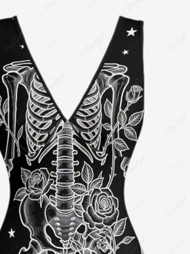 Gothic Skeleton Rose Flower Print Ruffles Split Dress
