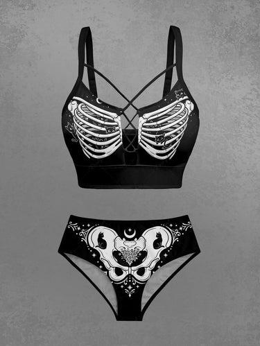 Gothic Skeleton Cat Flower Print Lace Up Tankini Swimsuit (Adjustable Shoulder Strap)