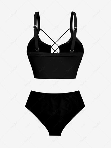 Gothic Skeleton Cat Flower Print Lace Up Tankini Swimsuit (Adjustable Shoulder Strap)