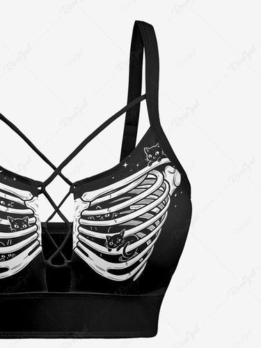 Gothic Skeleton Cat Flower Print Lace Up Tankini Swimsuit (Adjustable Shoulder Strap)