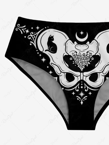 Gothic Skeleton Cat Flower Print Lace Up Tankini Swimsuit (Adjustable Shoulder Strap)