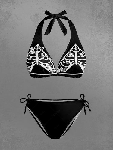 Gothic Skeleton Cat Print Plunging Halter Backless Bikini Set