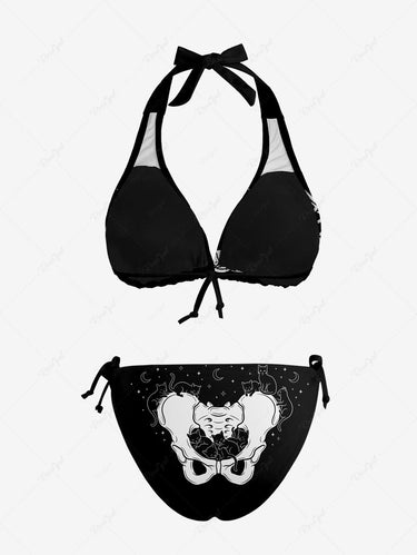 Gothic Skeleton Cat Print Plunging Halter Backless Bikini Set