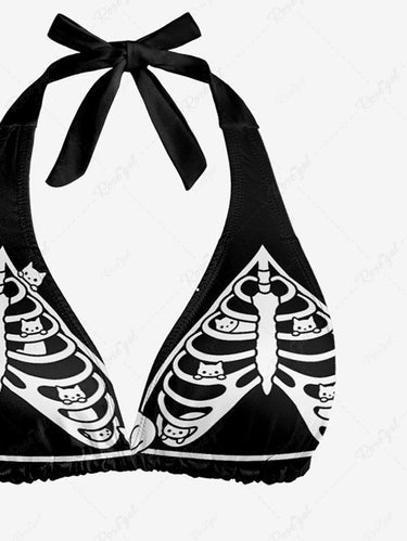 Gothic Skeleton Cat Print Plunging Halter Backless Bikini Set