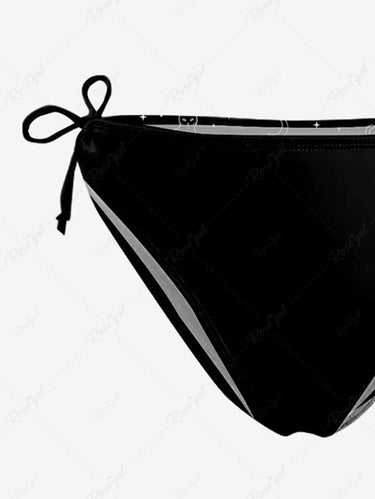 Gothic Skeleton Cat Print Plunging Halter Backless Bikini Set