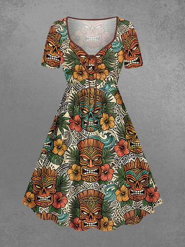 Gothic Plus Size Mask Hibiscus Flowers Tropical Leaf Ethnic Print Cinched Dress