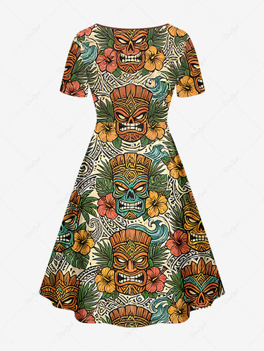 Gothic Plus Size Mask Hibiscus Flowers Tropical Leaf Ethnic Print Cinched Dress