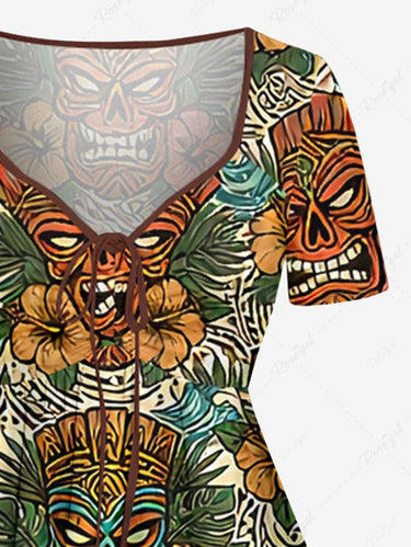 Gothic Plus Size Mask Hibiscus Flowers Tropical Leaf Ethnic Print Cinched Dress