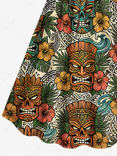 Gothic Plus Size Mask Hibiscus Flowers Tropical Leaf Ethnic Print Cinched Dress