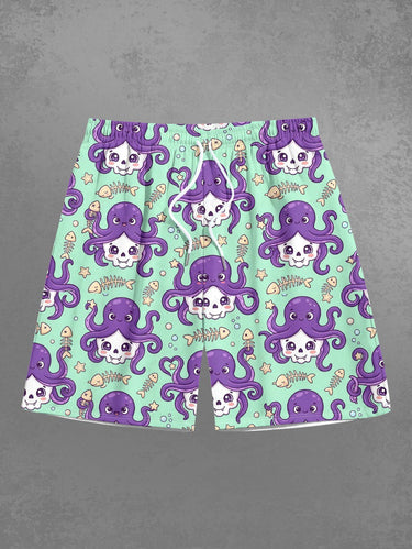 Gothic Plus Size Octopus Skull Fish Bone Star Print Drawstring Beach Shorts For Men