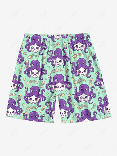 Gothic Plus Size Octopus Skull Fish Bone Star Print Drawstring Beach Shorts For Men