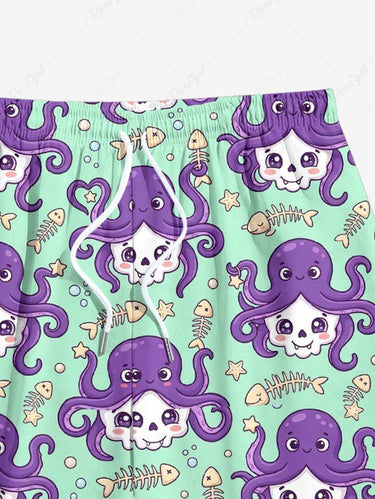 Gothic Plus Size Octopus Skull Fish Bone Star Print Drawstring Beach Shorts For Men
