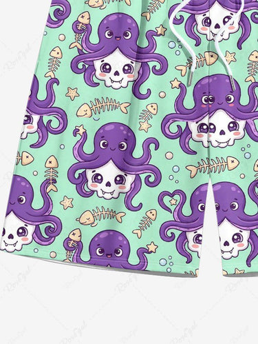 Gothic Plus Size Octopus Skull Fish Bone Star Print Drawstring Beach Shorts For Men