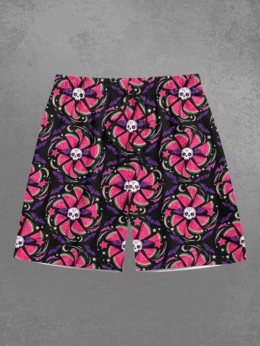 Gothic Plus Size Skull Watermelon Fan Bat Print Beach Shorts For Men