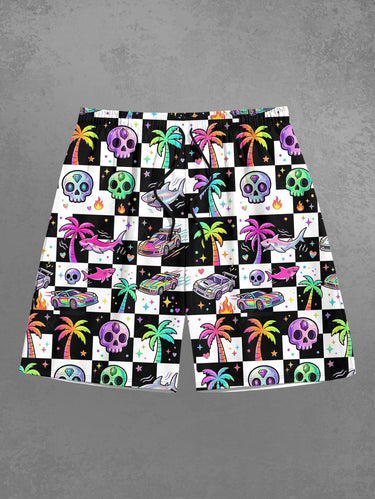 Gothic Plus Size Coconut Tree Skull Shark Car Checkerboard Print Beach Shorts For Men