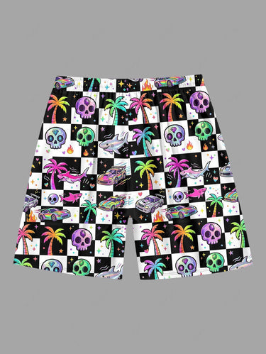 Gothic Plus Size Coconut Tree Skull Shark Car Checkerboard Print Beach Shorts For Men