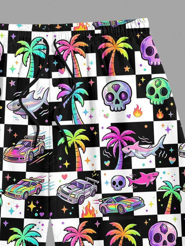 Gothic Plus Size Coconut Tree Skull Shark Car Checkerboard Print Beach Shorts For Men