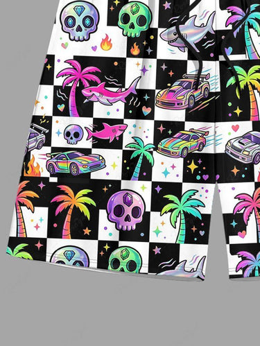 Gothic Plus Size Coconut Tree Skull Shark Car Checkerboard Print Beach Shorts For Men