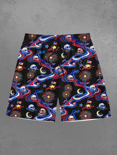 Gothic Plus Size Skull Patriotic American Flag Fireworks Moon Print Drawstring Beach Shorts For Men