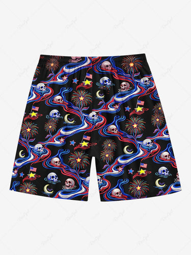 Gothic Plus Size Skull Patriotic American Flag Fireworks Moon Print Drawstring Beach Shorts For Men