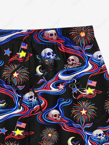 Gothic Plus Size Skull Patriotic American Flag Fireworks Moon Print Drawstring Beach Shorts For Men