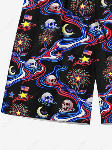 Gothic Plus Size Skull Patriotic American Flag Fireworks Moon Print Drawstring Beach Shorts For Men