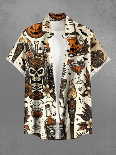 Gothic Plus Size Skull Tropical Leaf Flower Pumpkin Wine Print Button Pocket Shirt For Men