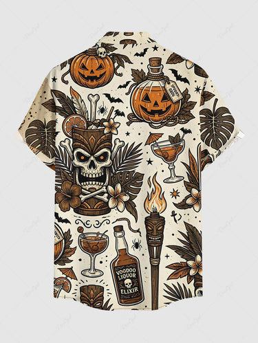 Gothic Plus Size Skull Tropical Leaf Flower Pumpkin Wine Print Button Pocket Shirt For Men