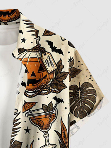Gothic Plus Size Skull Tropical Leaf Flower Pumpkin Wine Print Button Pocket Shirt For Men