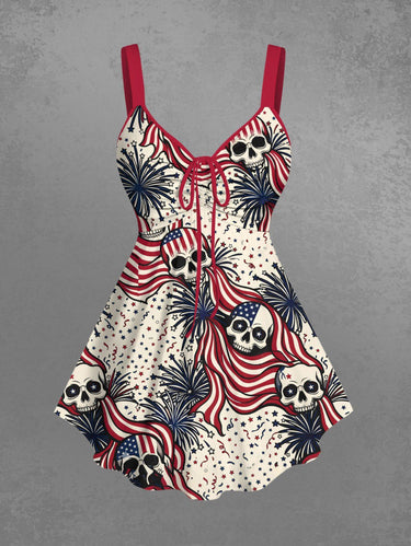 Gothic Plus Size Skull Patriotic American Flag Fireworks Print Cinched Tank Top