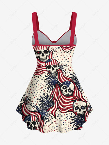 Gothic Plus Size Skull Patriotic American Flag Fireworks Print Cinched Tank Top