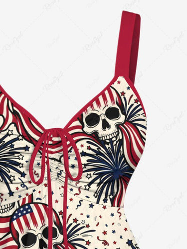 Gothic Plus Size Skull Patriotic American Flag Fireworks Print Cinched Tank Top